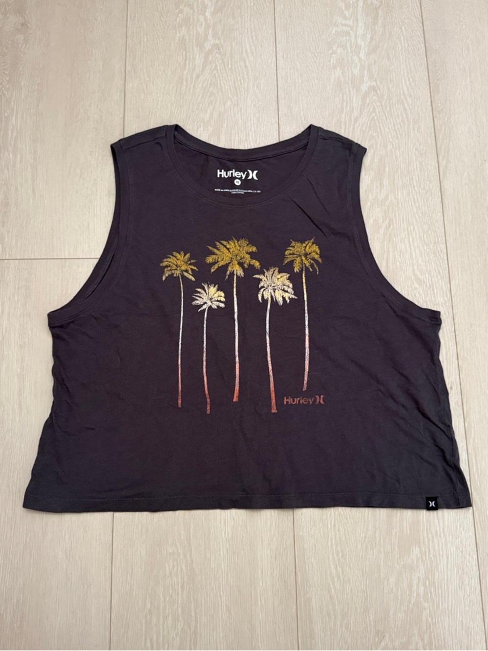 Hurley Black Cropped Palm Tree Tank with Gold & Tan Graphic